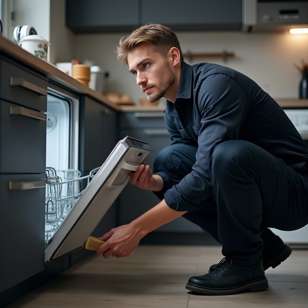 Technik wykonujący czyszczenie zmywarki w kuchni klienta